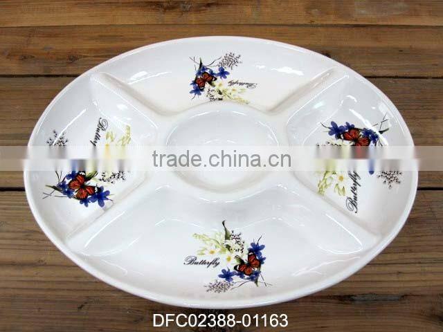 Restaurant Round Five Section Plate with Flower and Butterfly Decal