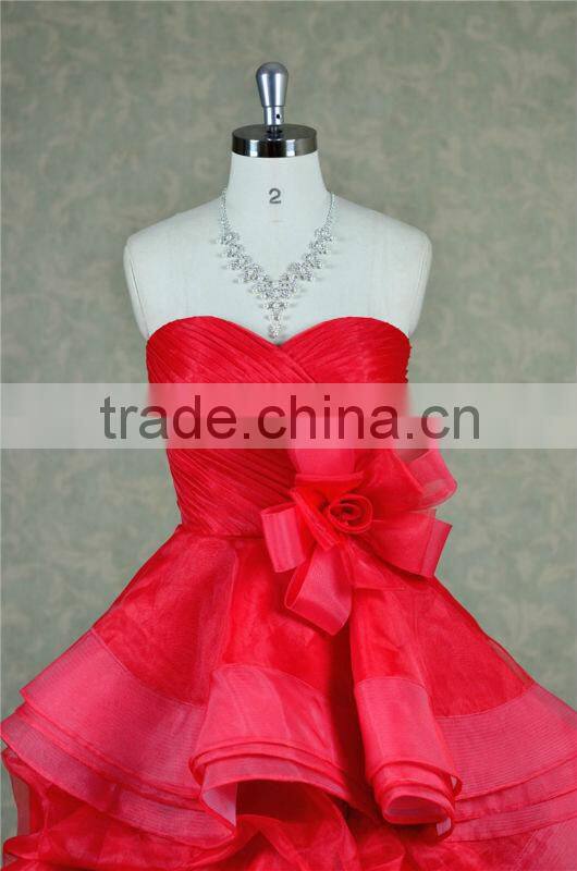 Western style strapless A-line ruched layered red wedding dresses with organza