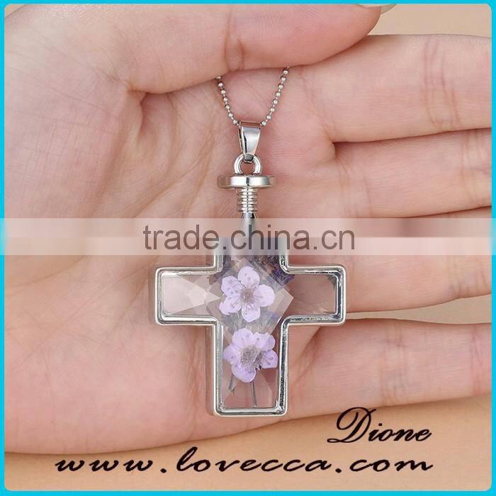Fashion Latest Design Golden Cross Real Dried Flower Necklace Crystal