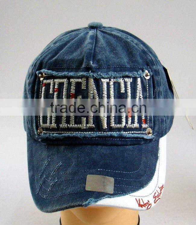 fashion denim fabric cap distressed applique embroidery cap