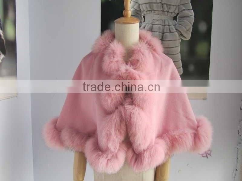 Winter elegant kids women's real fox fur trim with cashmere cape