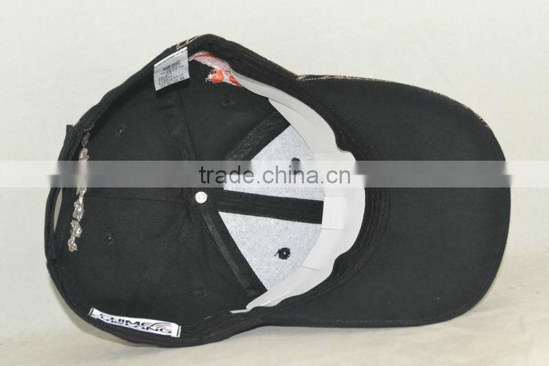 Guangzhou hat factory professional custom 6 panel / 100% cotton/fire bird embroidery logo / / black baseball cap