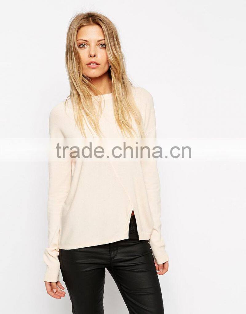 High fashion hem split design bulk blank ladies sweaters 2016 custom