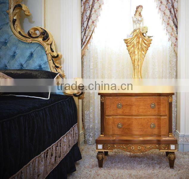 French Antique Bedroom Furniture Wooden Carved Nightstand/ Vintage Brown Bedside Table With Golden Carving