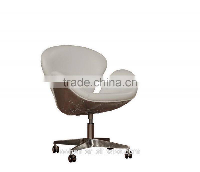 Luxury white top grain leather leisure chair/egg chair with aluminium coating back swivel bar chair