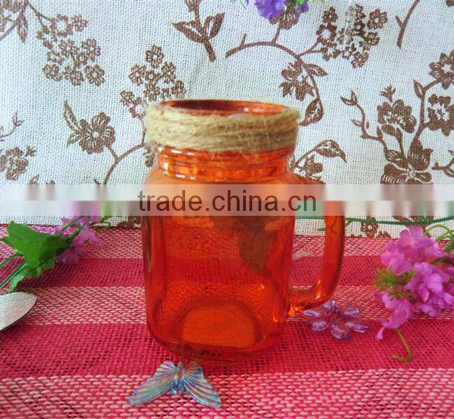 Blue Color Fruit Canning Square Pattern Handled Glass Mason Jar