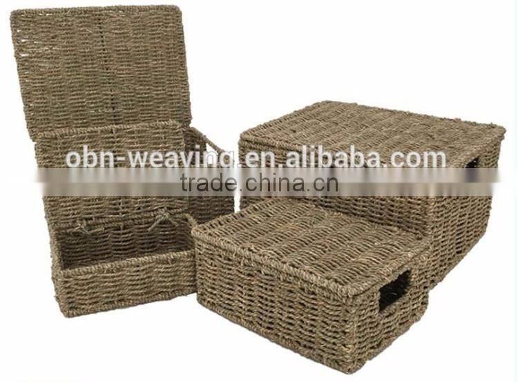 Set 4 rectangular straw basket seagrass storage basket with lid