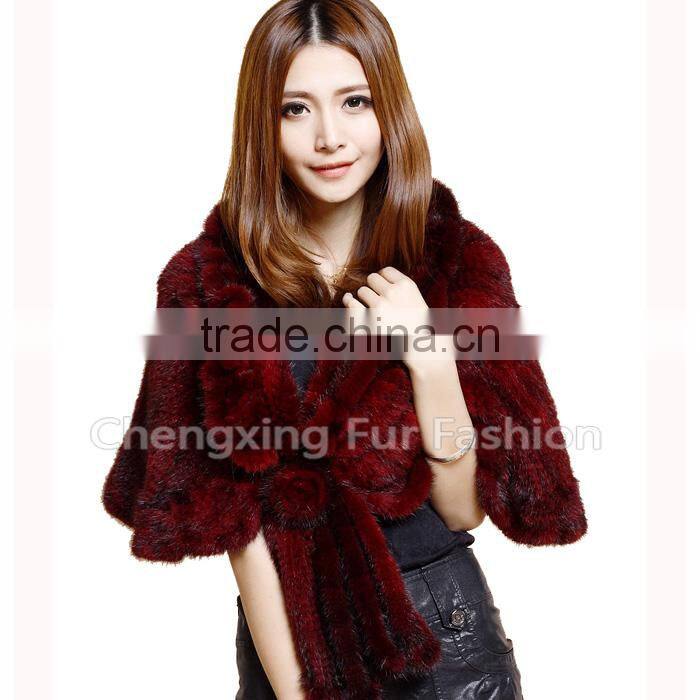 CX-B-M-60D Fashion Wholesale Knitted Mink Fur With Rosette Lady Fur Shawl