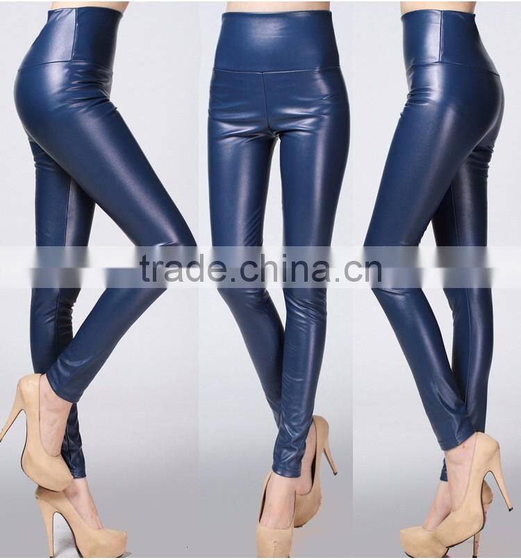 wholesale plain womens tight pants/sexy faux leather high waist leggings stretch PU pants laides skinny trousers