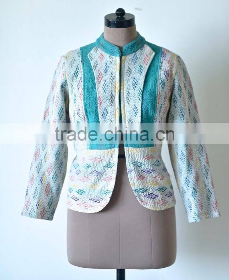 Vintage Kantha Jacket in Cream & Green Color ~ Extra Large