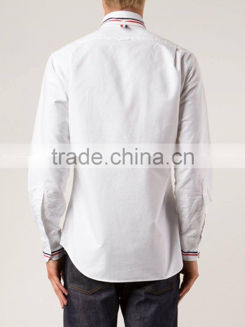 men's striped trim curved hem white long sleeve shirt