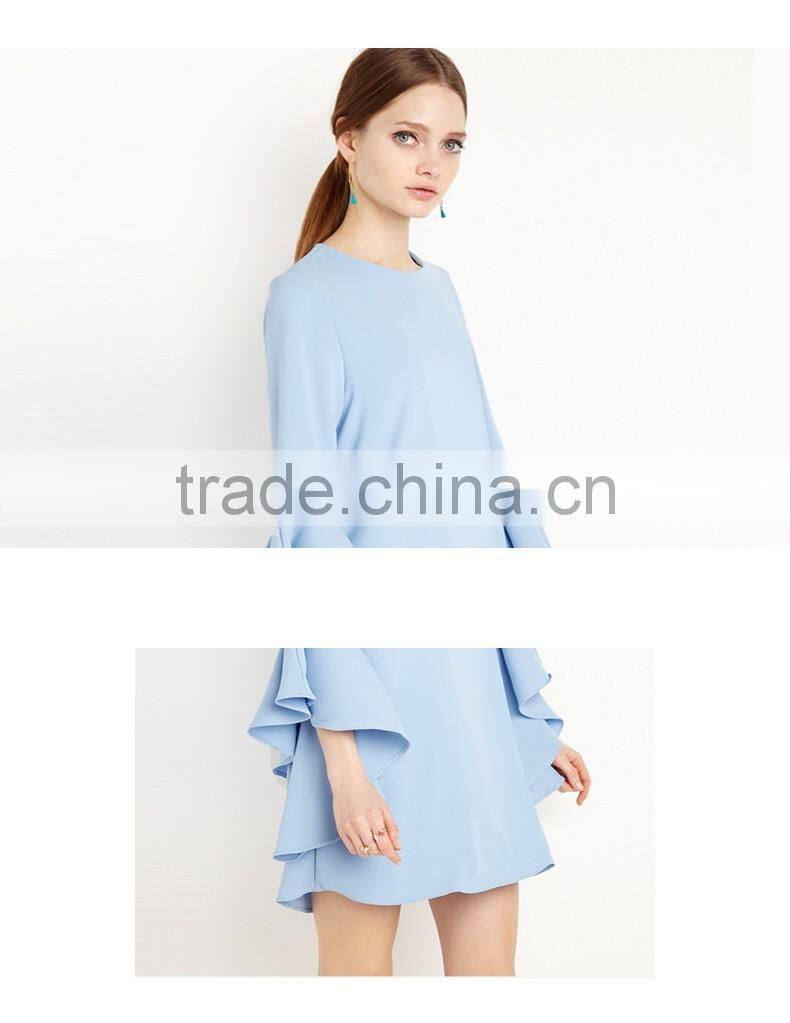 Womens fashion blue sweet OL lotus sleeve loose A-line chiffon elegant dress