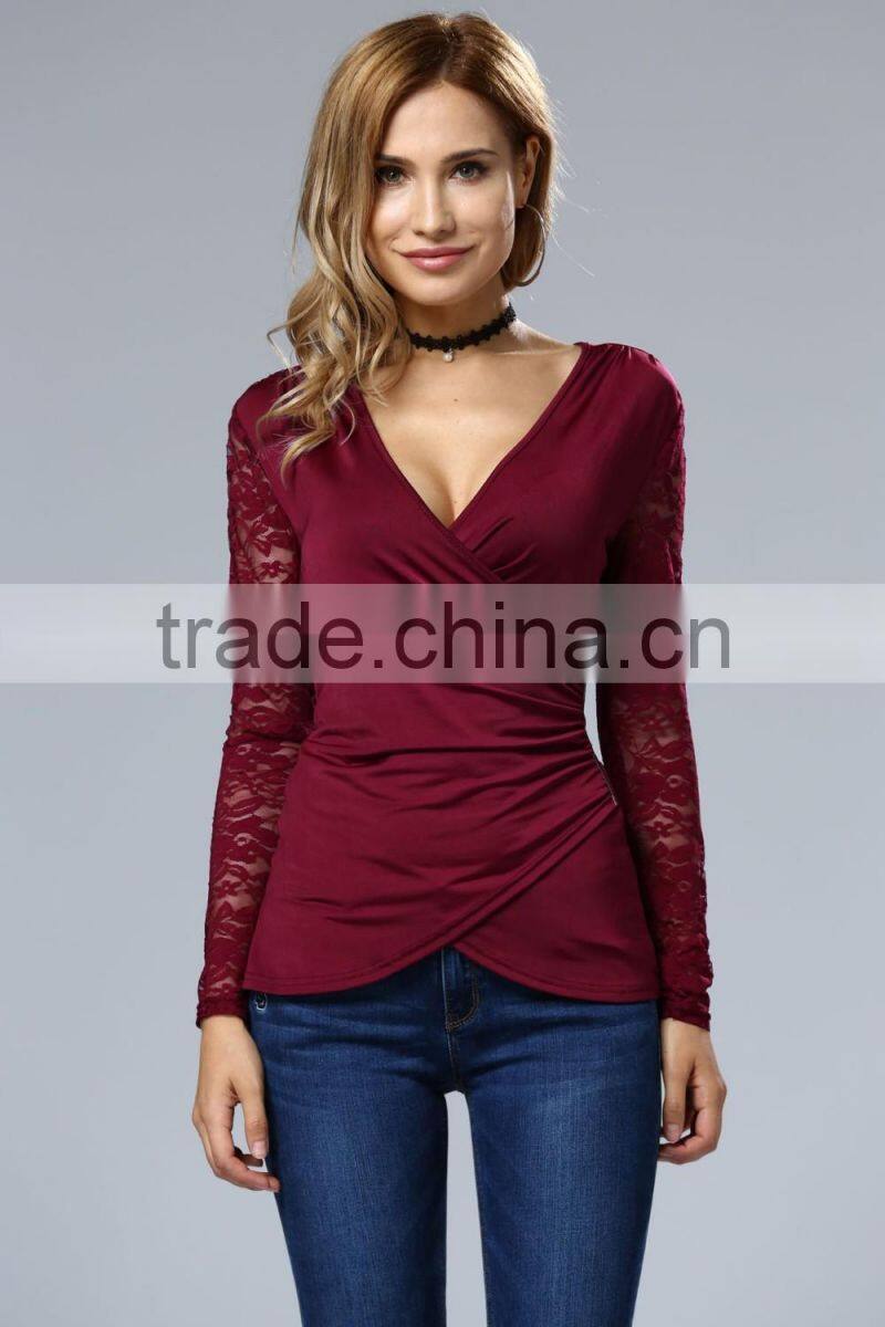 Clothes woman fashion long bell sleeve deep V neck lace blouse 2017