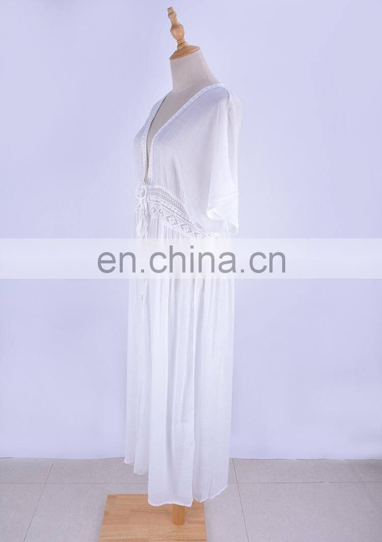 Summer Lace up Long Maxi Dress Swimwear 2019 Women Beach Bikini Cover up White Hollow Out Ladies Long Kaftan dress Sunscreen