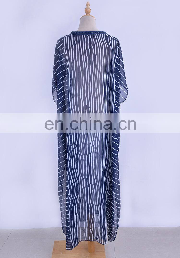 2019 Dark Blue Striped Deep V-Neck Bats Sleeve Loose Summer Dress Beach Kaftan Plus Size Women Beachwear Maxi Dress Sarong