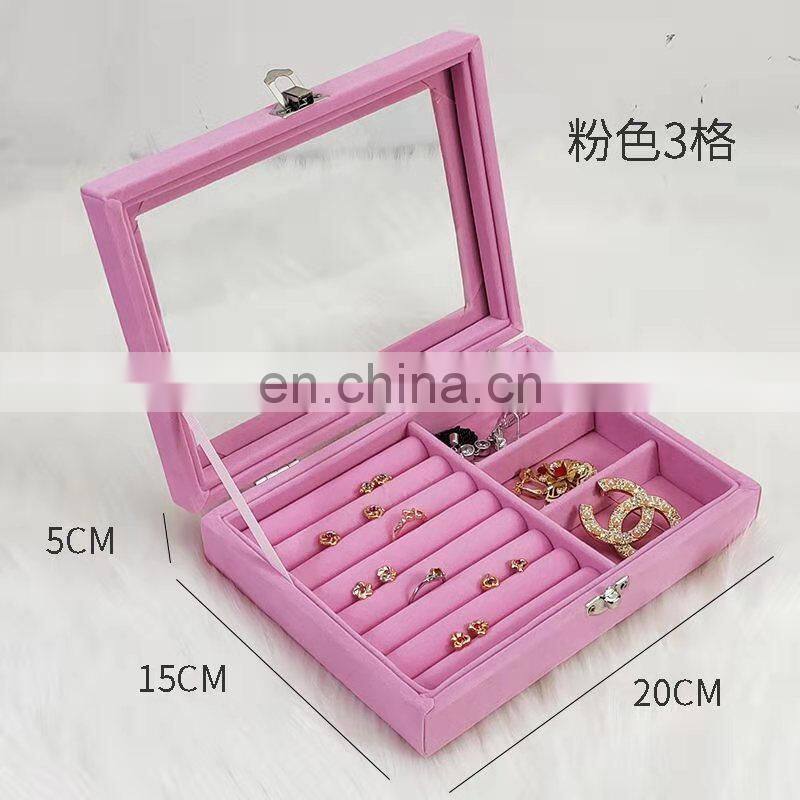 Velvet Glass Ring Earring Jewelry Display Organizer Box Tray Holder Storage Case