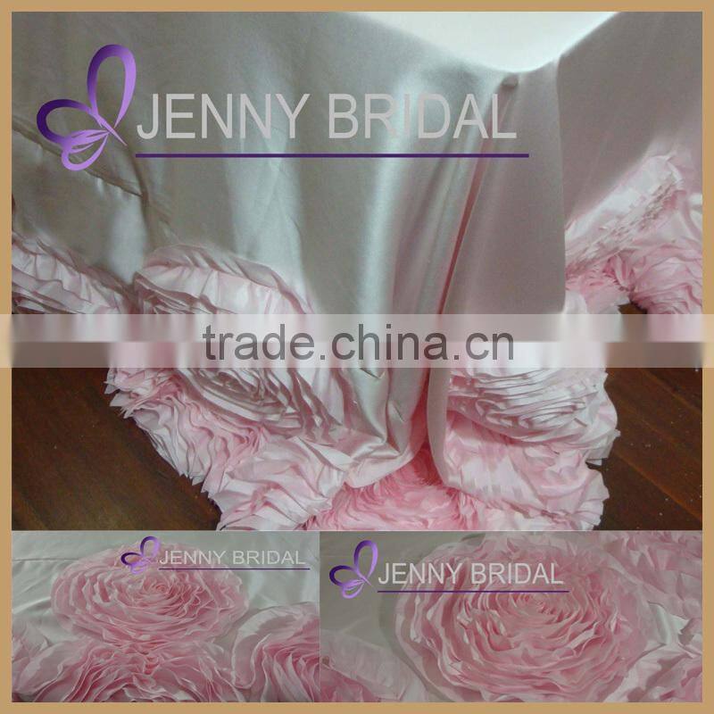 TC107C factory supplier blush pink satin ruffle rosette table cloth