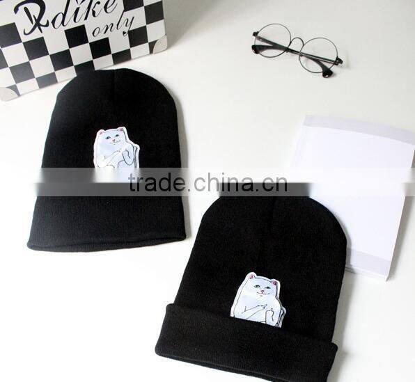 Star Same Style Cute Cat Pattern Rolled Brim Acrylic Knitted Cap for Man