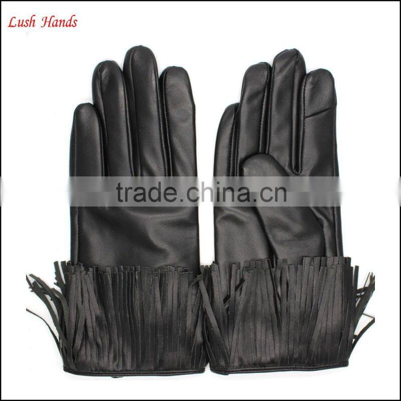 Fashion index finger touch screen black tassels leather gloves women