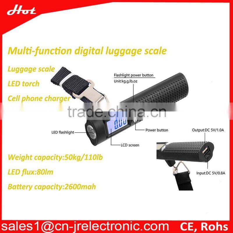 2016 hot new travel products multi-function electronic weighing luggage scale built-in power bank and led flashlight