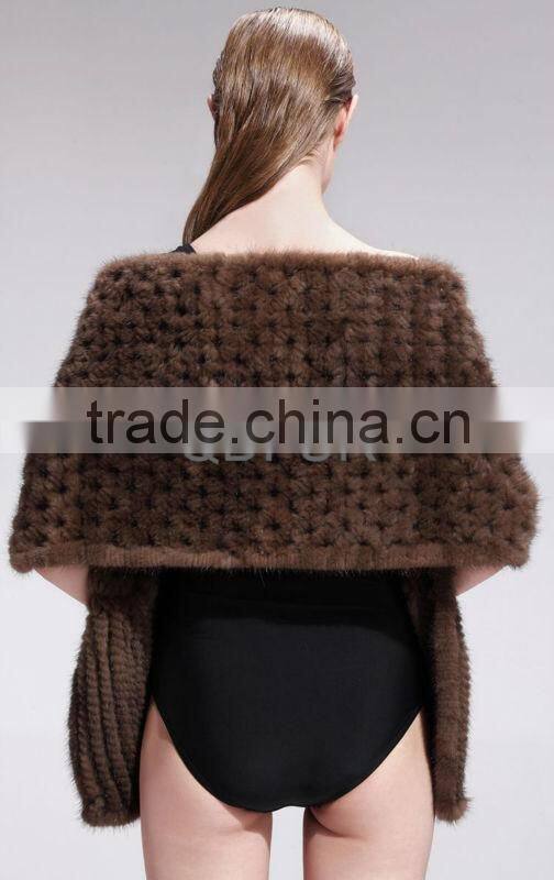 QD27600A 2014 Modern Poncho Coffee Bat Sleeved Mink Cape Regular Women's Wrap Knitted Mink Fur Shawls