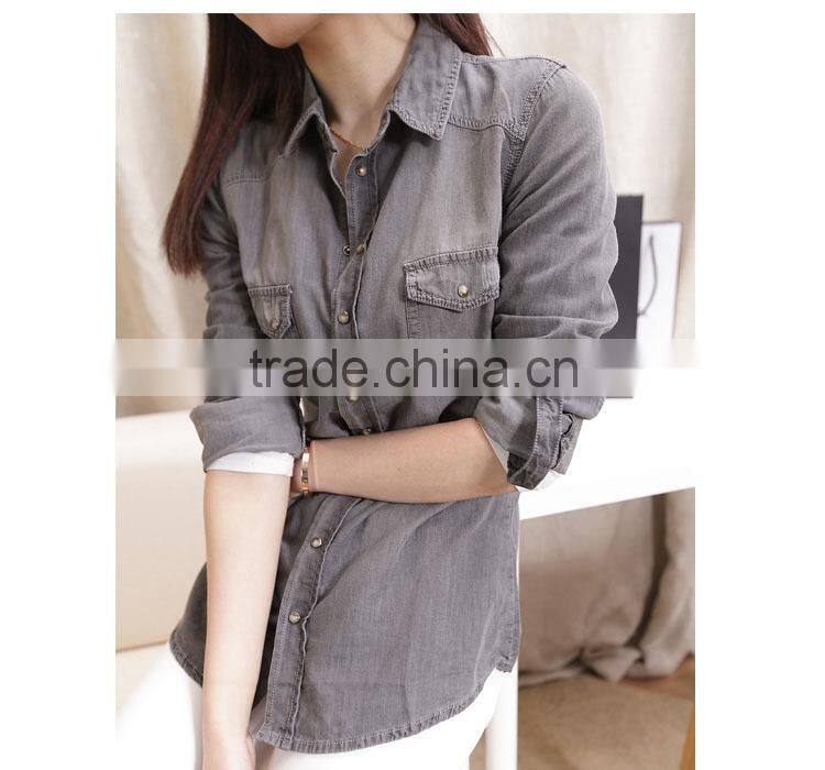 ladies cotton polo collar shirt solid color long sleeve jean blouse