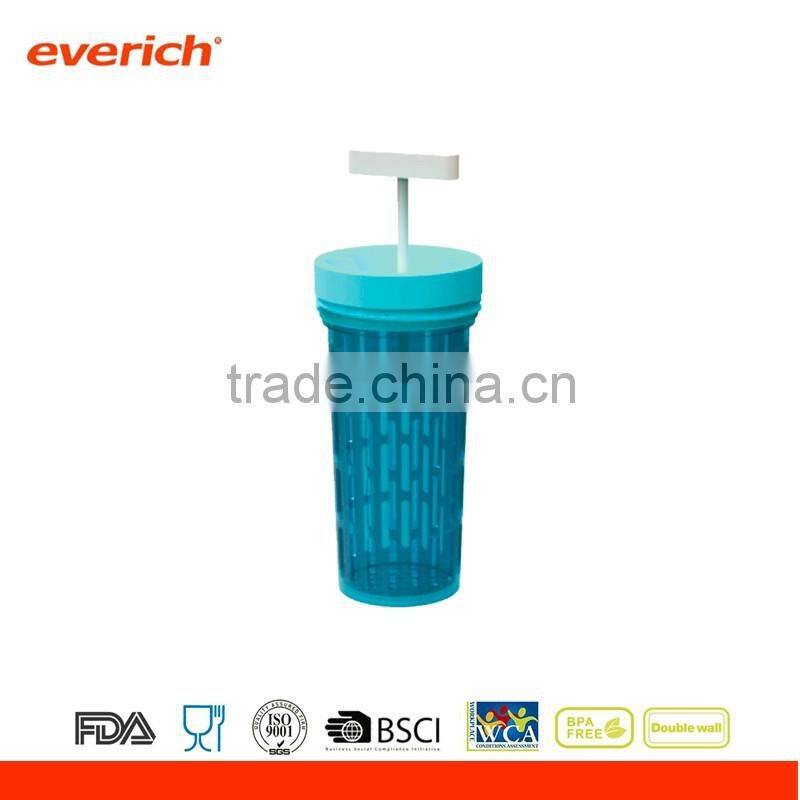 Double wall plastic tumbler with straw, fruit infuser and press