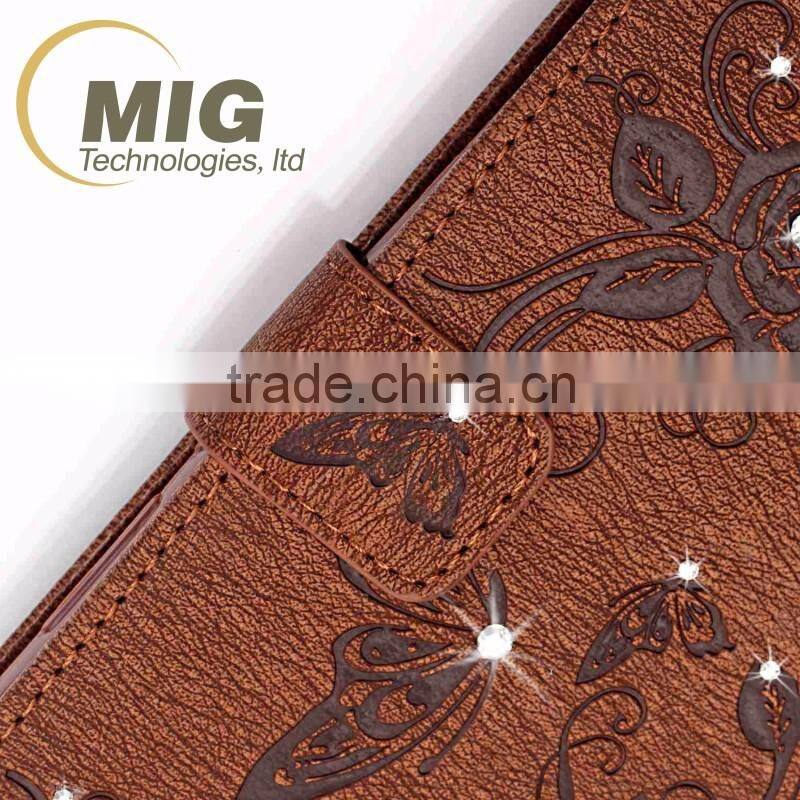 Fasion designed Diamond butterfly wallet leather case cover with strap, leather case with inside TPU for iphone 6s/6 plus