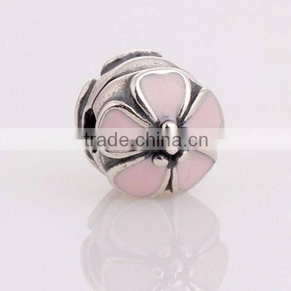 100% 925 Sterling Silver Pink Cherry Blossom Enamel Clip Charm Bead