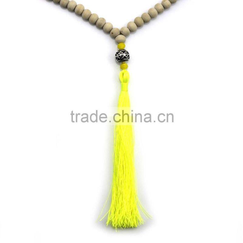 Original Natural Turquoise Wood Beads Elastic String Volcanic Rock Long Tassel Necklace