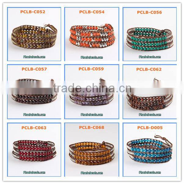 Hot Sale High Quality 6mm Agate Three Leather Wrap Bracelets Wholesale PCLB-C052