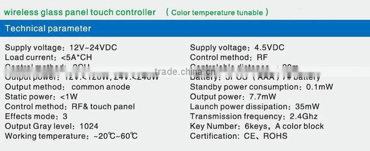 12V~24VDC 6A 6-keys RF glass panel light touch controller/Dimmer