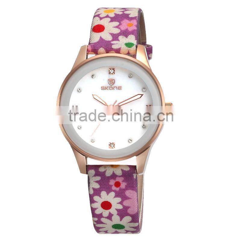 SKONE 9386 Elegance fashion beautiful wrist watches pu band strap with flower