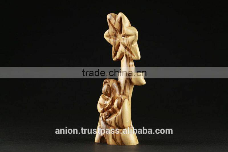 Olive Wood Carved Composition of Holy Family With Flower.