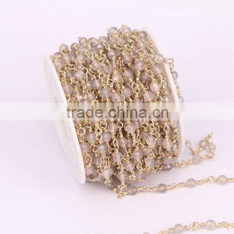 Natural White Gray Color 4mm Faceted Agate Round Beads Necklace Chain Handmade Wire Linked Chains Fashion Jewelry