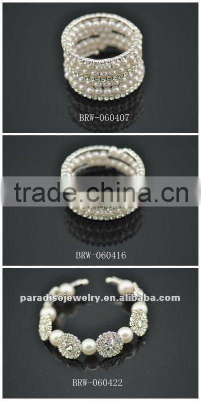5 row pearl and rhinestone graduated wraparound coil bracelet-BRW060429