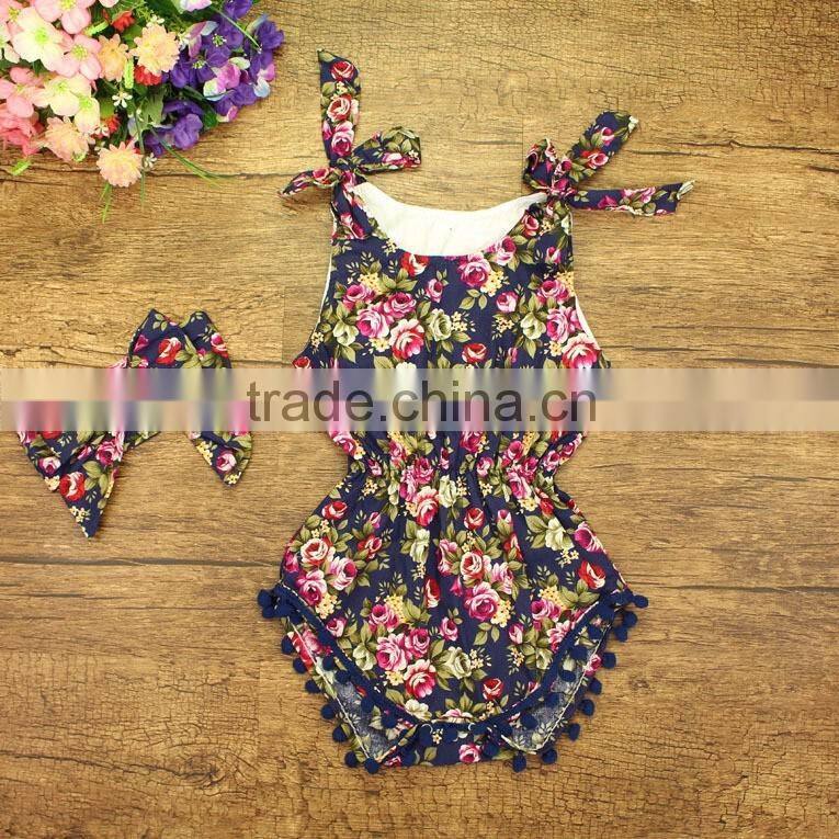 Wholesale kids jumpsuit baby girl pom pom rompers with rose flower baby romper clothes baby rose floral patterns