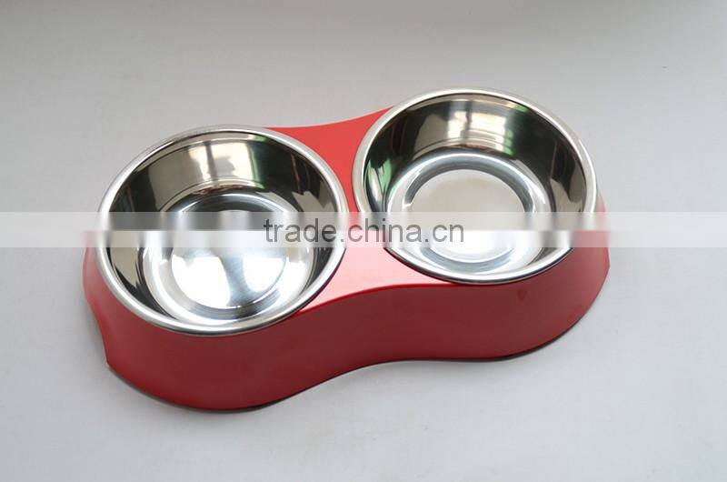 High quality stainless steel 18/8 pet bowl with melamine base, double dog bowl for both water and food