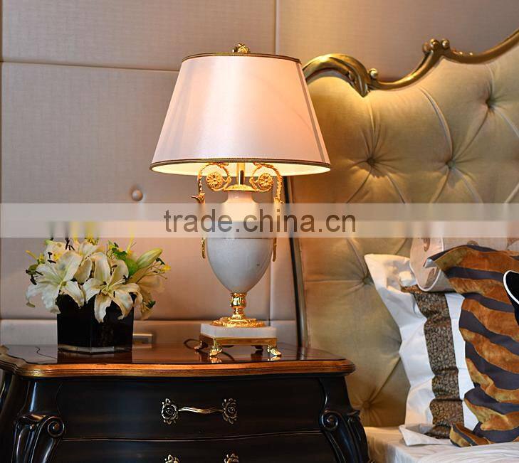 Graceful white color jade body brass bottom home use table lamp with fabric lampshade