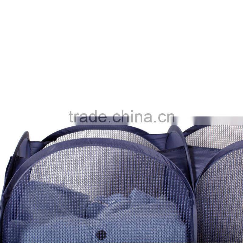 Dark Blue Foldable Pop-Up Mesh Hamper, 2-compartment Clothes Laundry Hamper
