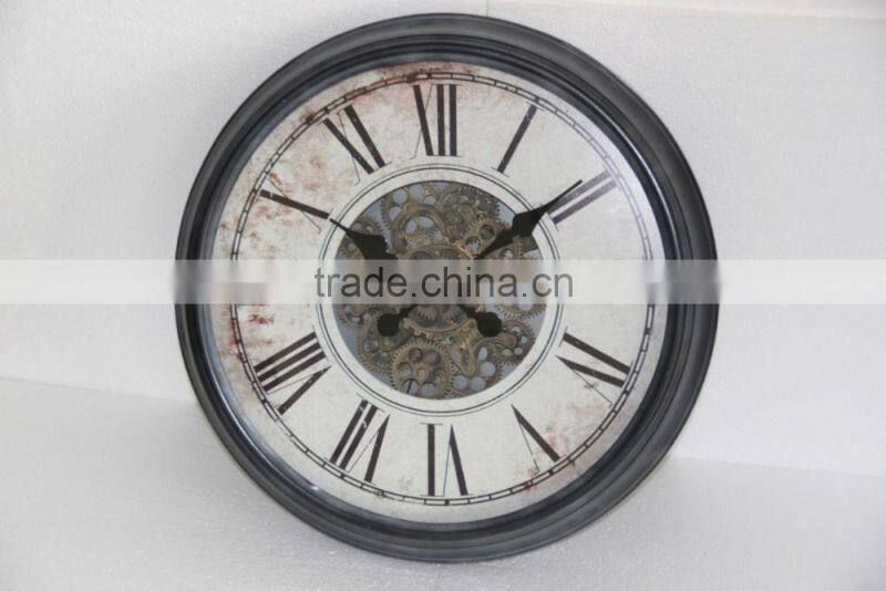 antique metal mirror clock with wheel gear decor