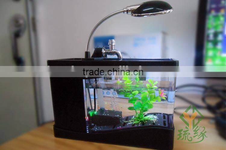 Mini USB Fish Tank With Multi-functions LED Light & Pen Container & Perpetual Calender USB Desk Aquariums With Lamp