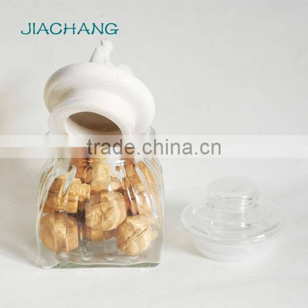 square buttom airtight glass preserve container with bird ceramic lid