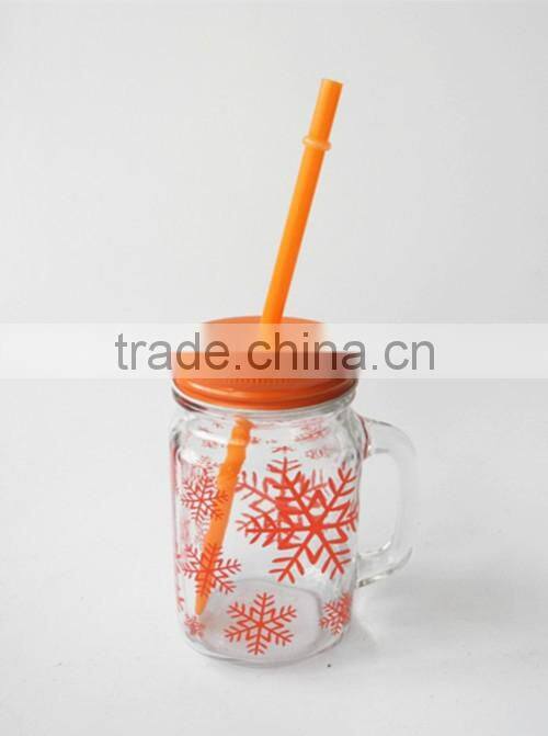 hot sale snowflake surface handling glass cold drink jar with straw