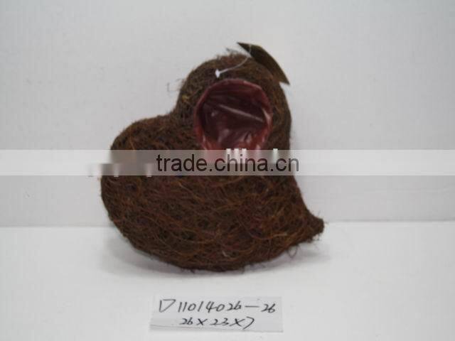heart-shaped dark brown moss and sisal pot