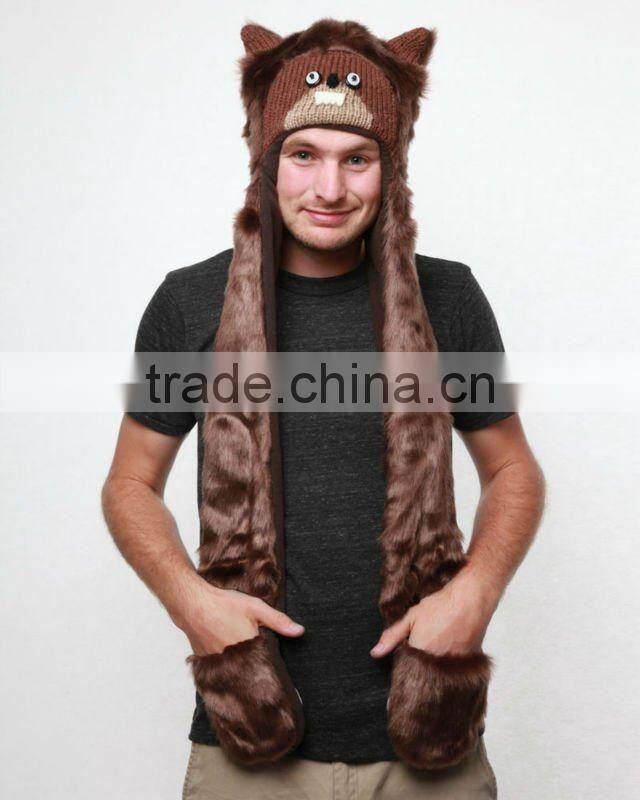 NEW STYLE WOOL ANIMAL KNITTED HATS WITH SCARF POCKETS