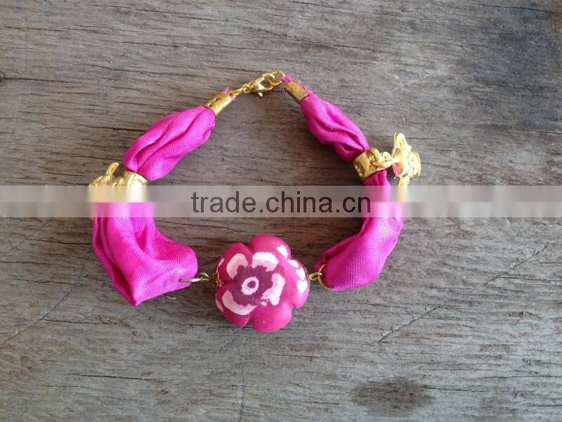 fabric cloth Bracelet with gold charm, silk cloth Bracelet with evil eye bead charm new design fabric bracelet