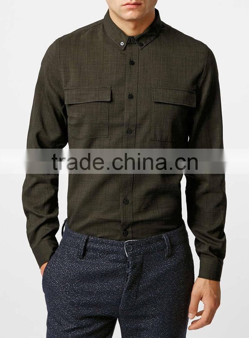 Khaki Long Sleeve cotton shirt with double chest pocket