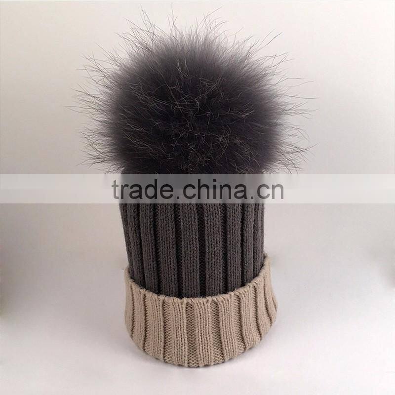 Myfur Beige/Grey Raccoon Fur Multi-Color Knitted Hat for Winter