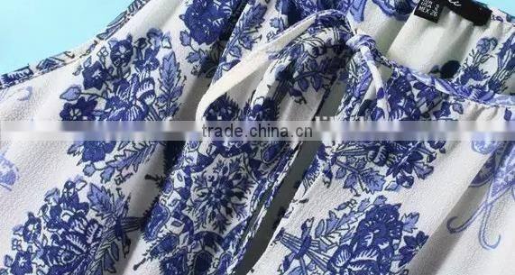 2017 new model summer dress women off shoulder straight loose blue and white porcelain printed dress